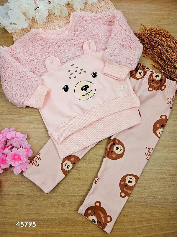 Conjunto Blusão em Pelo Carneirinho e Calça Legging Termoskin Térmica Ursinho Up Baby