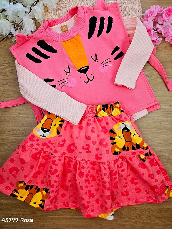 Conjunto Trio Blusa Manga Longa Canelada, Colete e Saia com Shorts Embutido Oncinha Rosa Up Baby