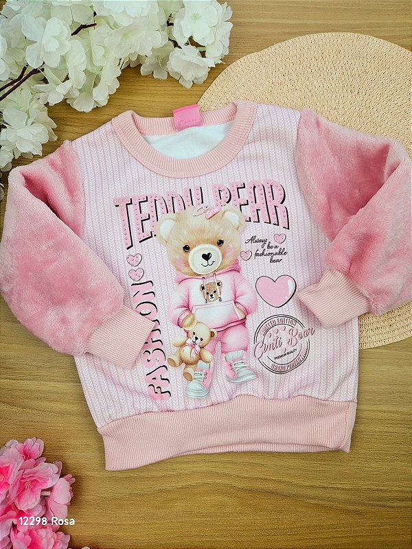 Blusão em Moletom e Carneirinho Peluciado Teddy Bear Rosa Cinti