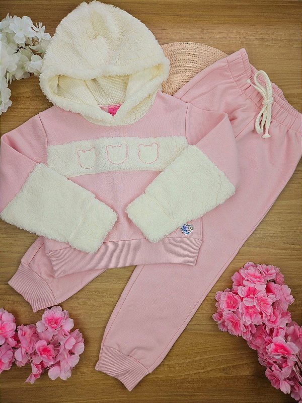 Conjunto Blusa com Capuz e Calça em Moletom Peluciado Ursinhos em Glacê Cinti