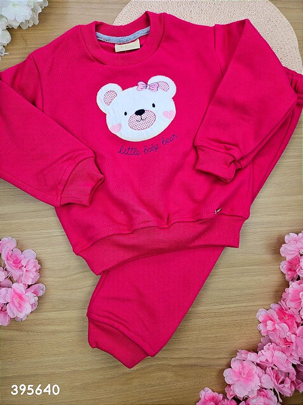 Conjunto Blusa Manga Longa e Calça em Moletom 3 Cabos Peluciado  Pink Bear Vrasalon