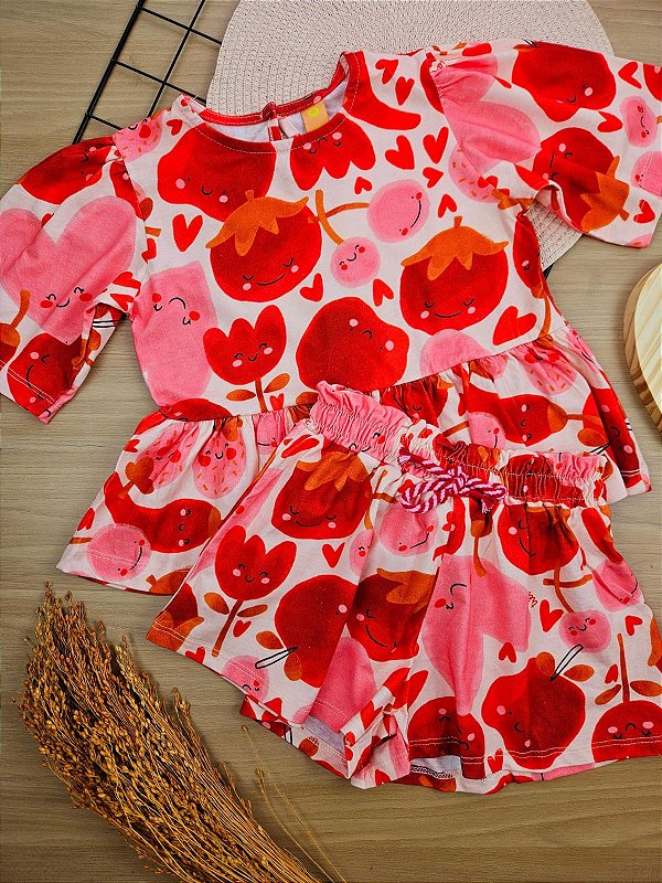 Conjunto Blusa e Short em Viscose Vermelhinho Três e Já