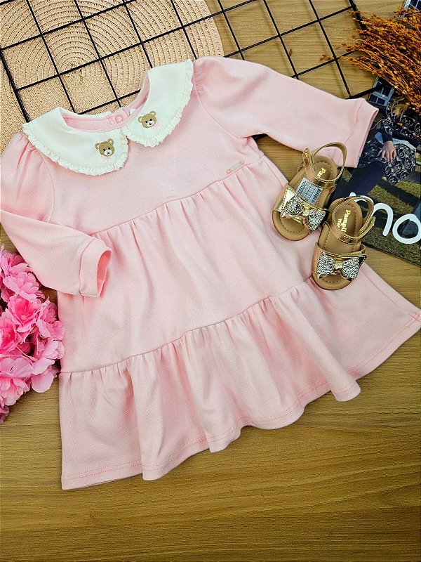Vestido Rosa de Gola com Babadinho Momi