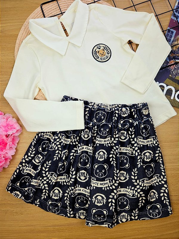 Conjunto Blusa Manga Longa  e Saia com Shorts Embutido Momi