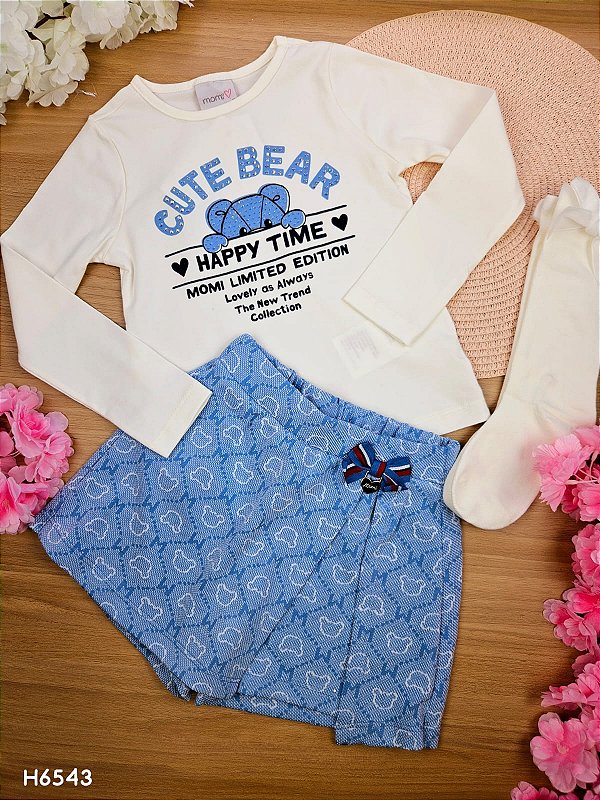 Conjunto Blusa Manga Longa e Short Saia Cute Bear Inverno Momi