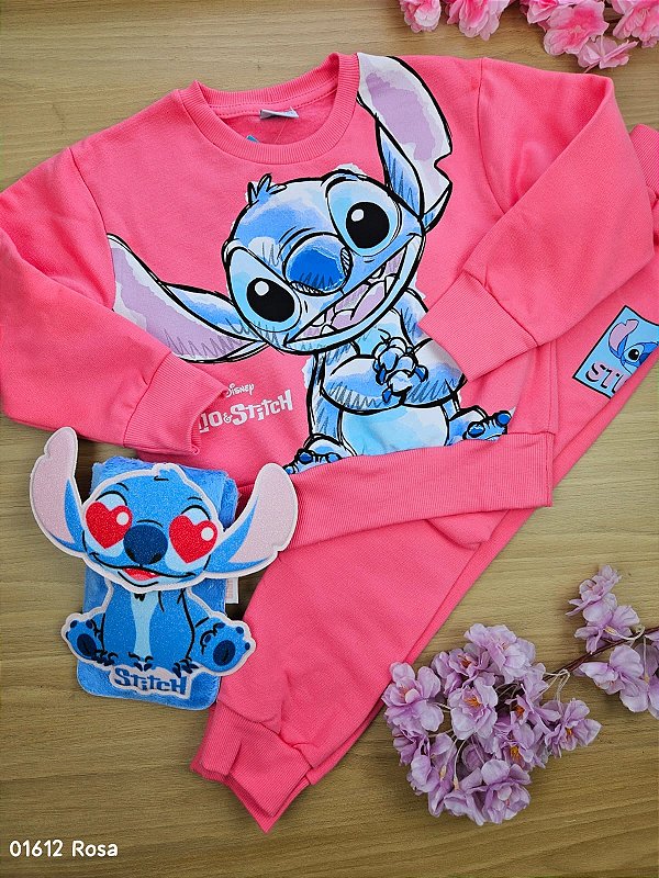 Conjunto em Moletom Peluciado Stitch Rosa Fakini