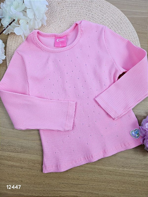 Blusa Canelada Manga Longa Inverno Strass Rosa Cinti