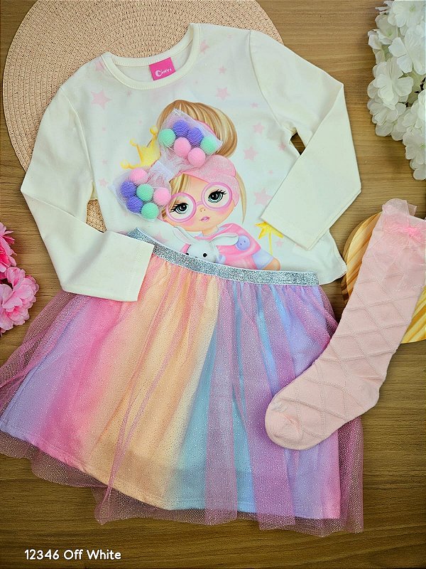 Conjunto Inverno Blusa Manga Longa e Saia com Short Embutido PomPom Cinti