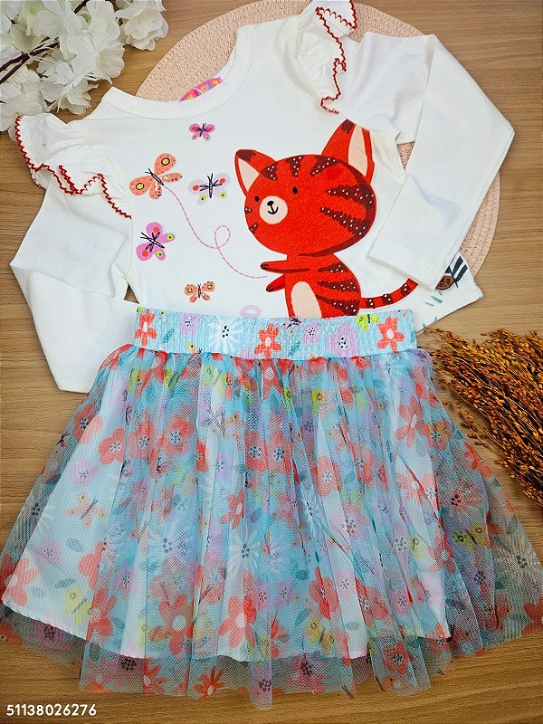 Conjunto Blusa Manga Longa e Saia Tigresa Fofa Mon Sucré