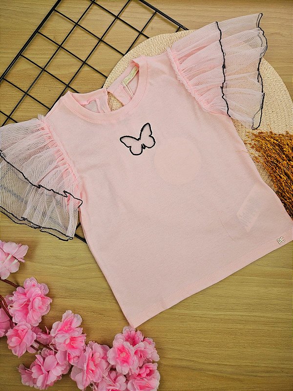Blusa 100% Algodão Com Manga em Tule Borboleta Petit Cherie