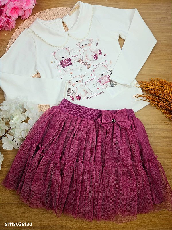 Conjunto Inverno Blusa Manga Longa e Saia em Tule com Shorts Embutido Bear Petit Cherie