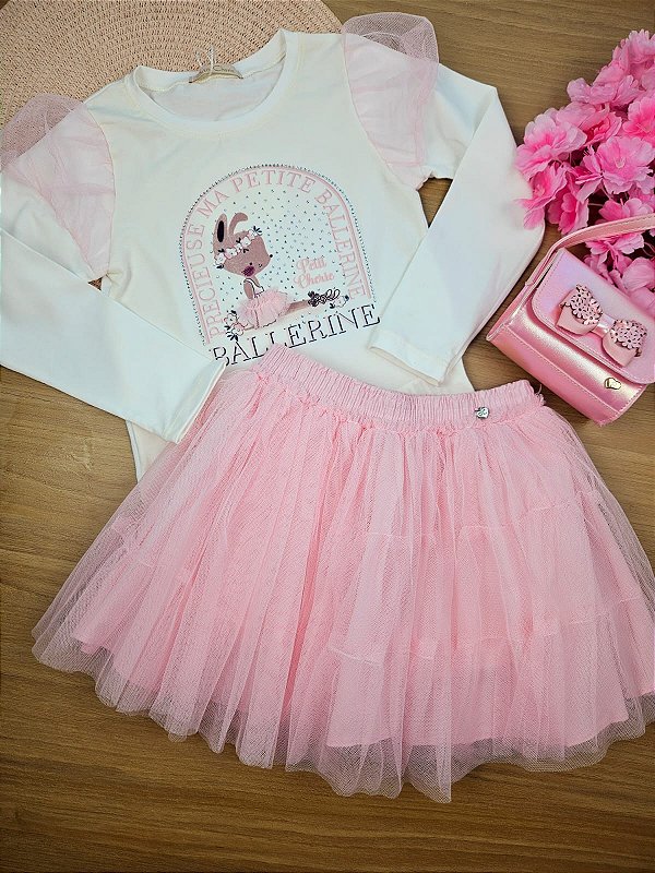 Conjunto Bailarina Blusa Manga Longa e Saia em Tule com Shorts Embutido Petit Cherie