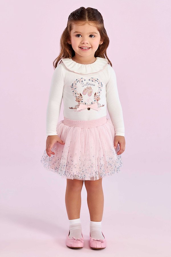 Conjunto Bailarina Boneca Blusa Manga Longa e Saia em Tule com Shorts Embutido Petit Cherie