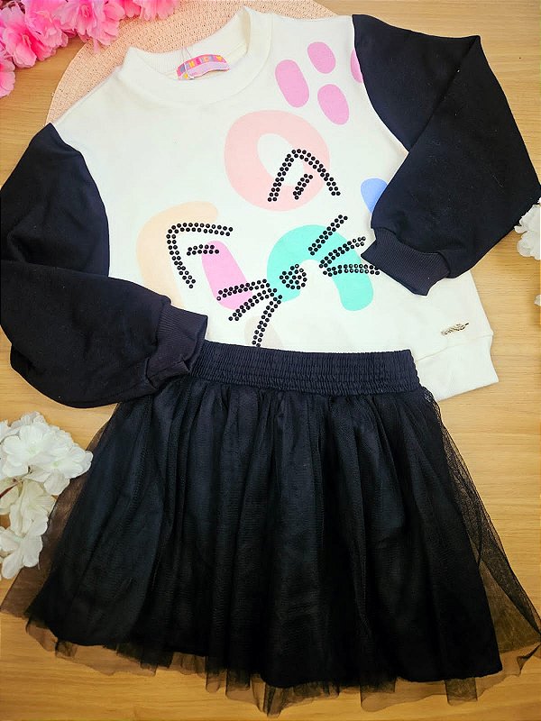 Conjunto Inverno Blusão Em Moletom e Saia Gatinho Mon Sucré