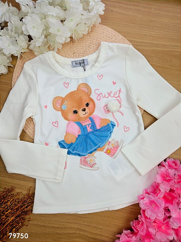 Blusa Manga Longa em Cotton Ursinha Kukiê