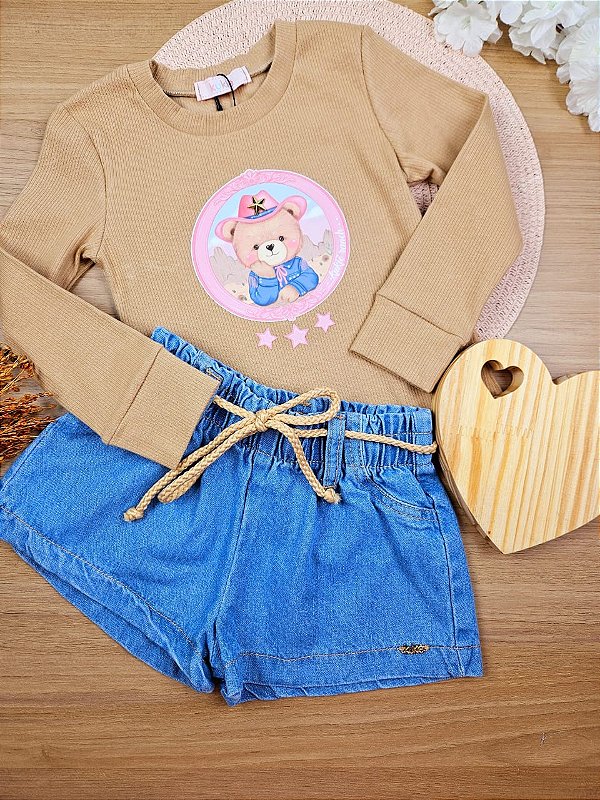 Conjunto de Blusa em Canelado e Shorts em Jeans Kukiê Infantil Menina