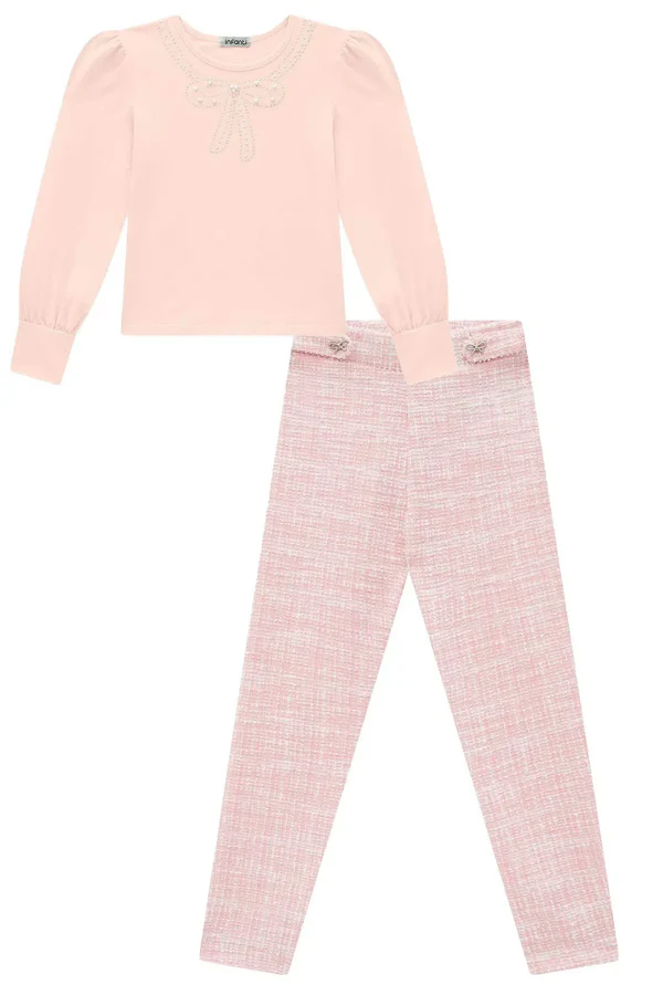Conjunto de Blusa em Cotton e Calça em Malha Tweed Milano Infanti Infantil Menina