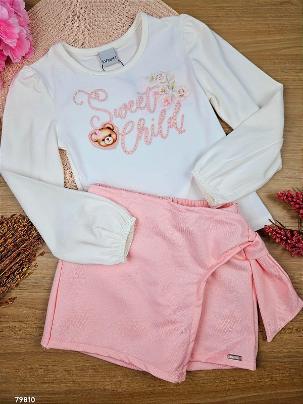 Conjunto de Blusa em Cotton e Short Saia em Malha Twill Infanti