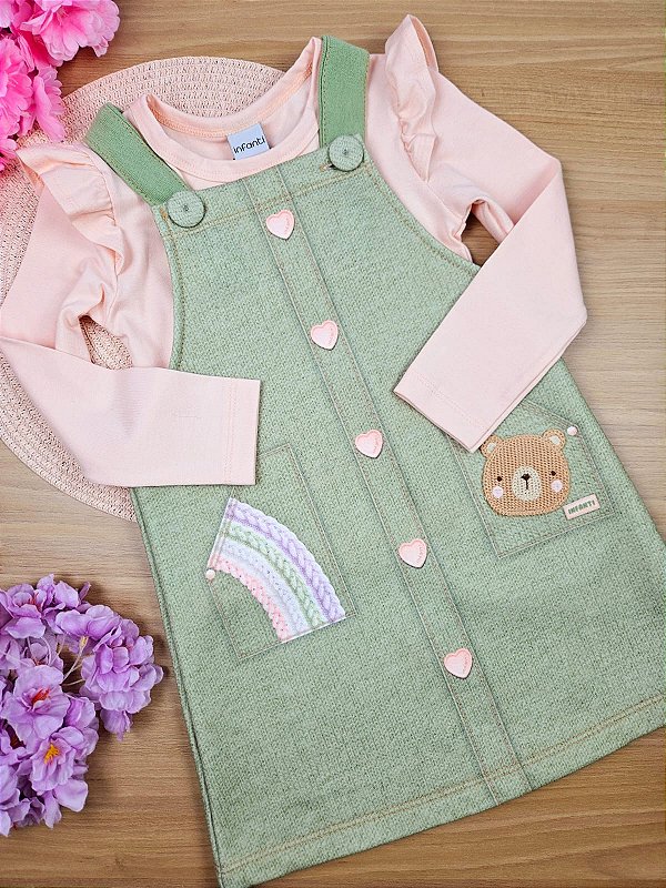 Conjunto de Blusa em Cotton e Salopete em Moletom Peluciado Infanti