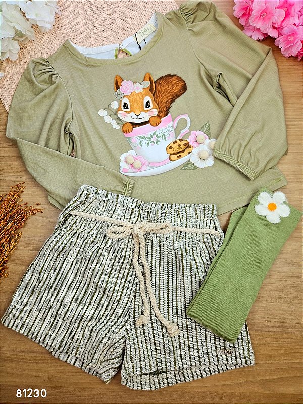Conjunto de Blusa em Malha Fresh com Shorts em Malha Listrado Brilho Infanti