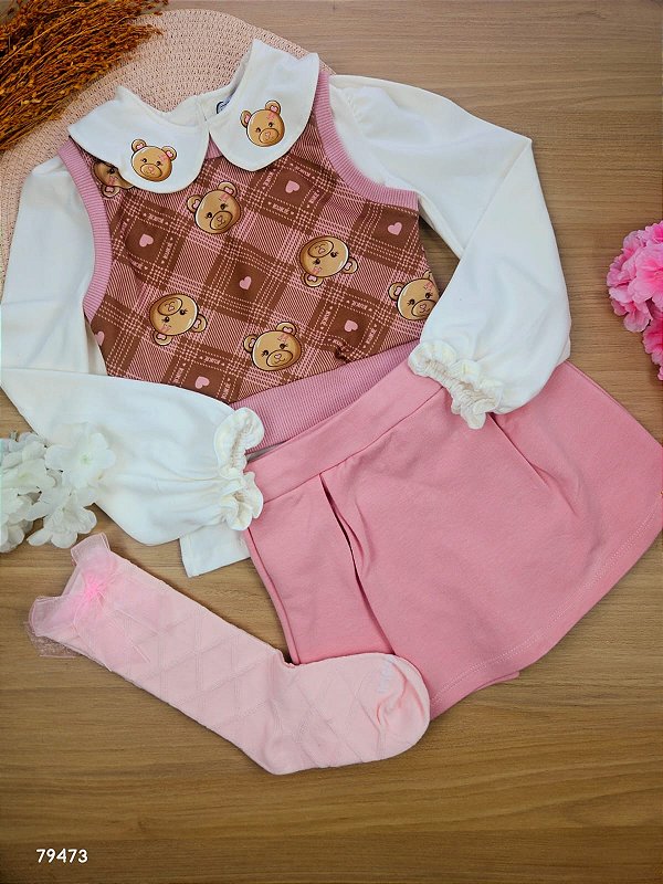 Conjunto de Blusa em Cotton Short Saia e Colete em Molecotton Kukiê Infantil Menina
