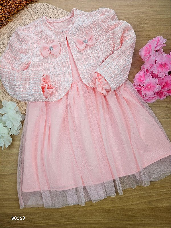 Vestido em Malha Twill Brilho e Tule com Bolero em Malha Tweed Brilho Infanti Bebê Menina