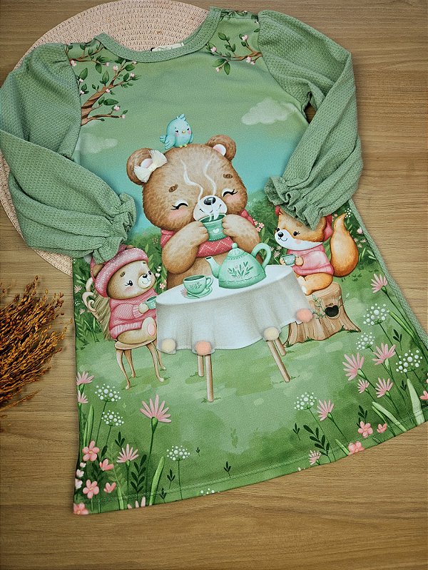 Vestido em Malha Bee Bear Cute Verde Infanti