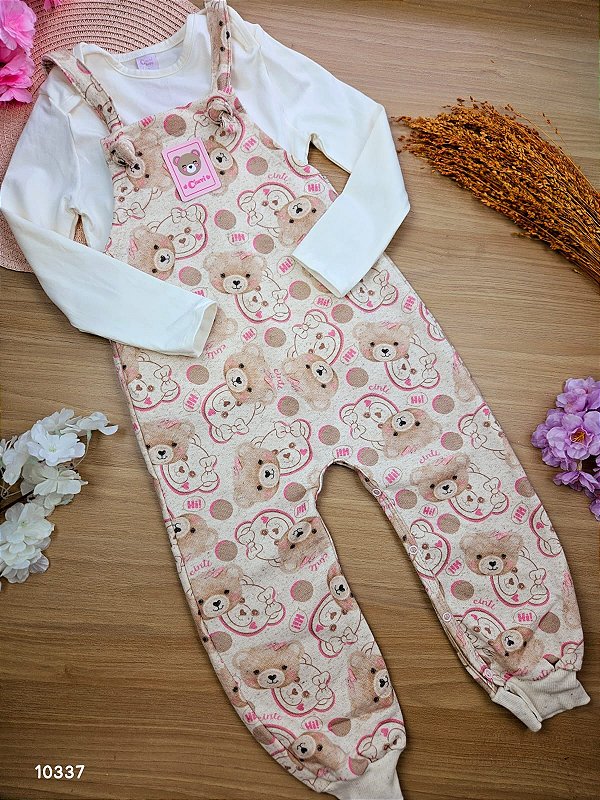 Conjunto Bebê Menina Blusa E Jardineira Ursinho Natural Cinti