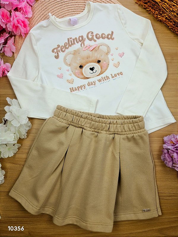 Conjunto Bebê Menina Blusa Ursinho E Short-Saia Bege Cinti