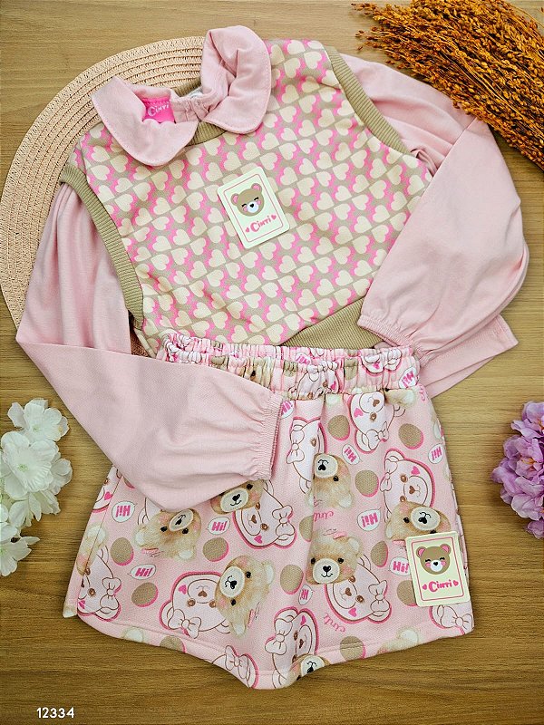 Conjunto Trio Blusa, Short-Saia E Colete Rosa Mundo Cinti