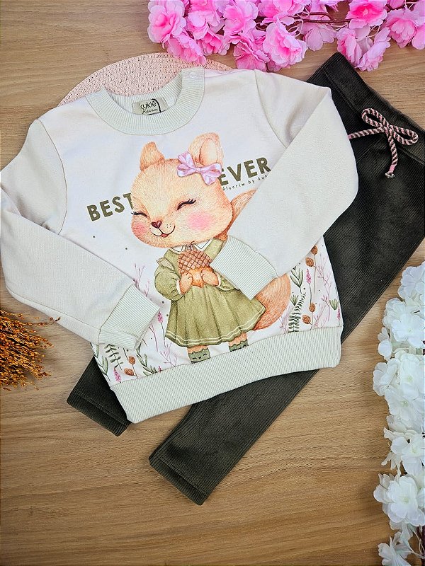 Conjunto de Blusão em Moletom com Pelúcia e Calça Legging em Fleece Cotelê com Elastano Kukiê Bebê Menina
