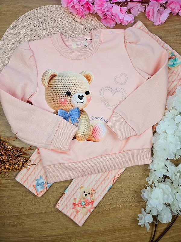 Conjunto de Blusão em Moletom com Pelúcia e Calça Legging em Fleece Luxo Kukiê Bebê Menina