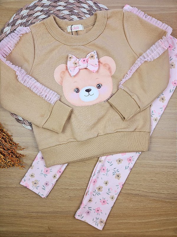 Conjunto de Blusão de Moletom sem Pelúcia e Calça Legging em Canelado Kukiê Bebê Menina