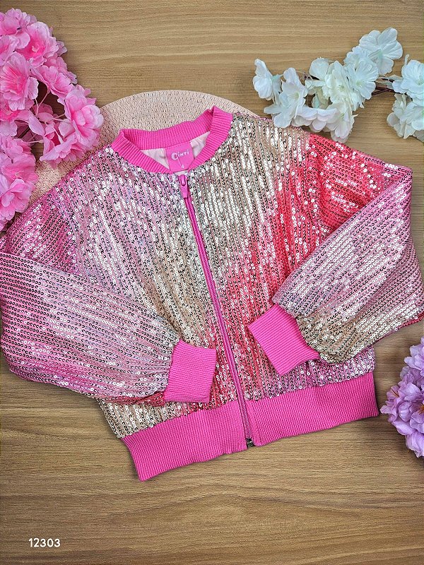 Jaqueta Bomber Infantil Menina Paetê Rosa Cinti