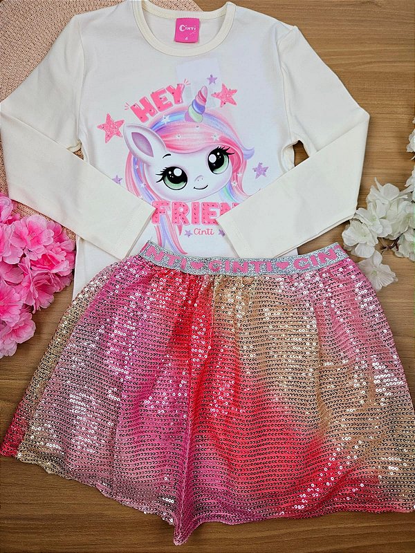 Conjunto Infantil Menina Blusa E Saia-Short Paetê Rosa Cinti
