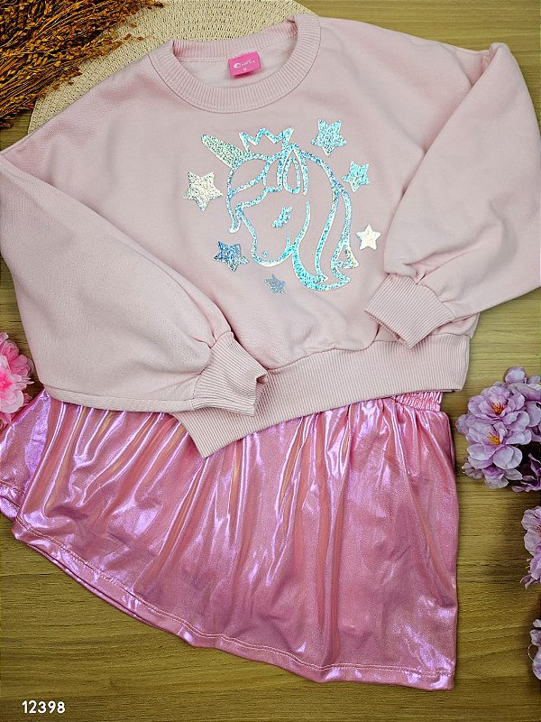 Conjunto Infantil Menina Blusão E Saia-Short Holográfico Rosa Cinti