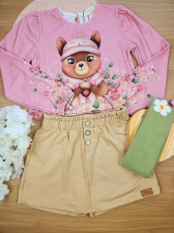 Conjunto de Blusa Boxy em Malha Fresh e Shorts Saia em Molevisco Rosa Infanti