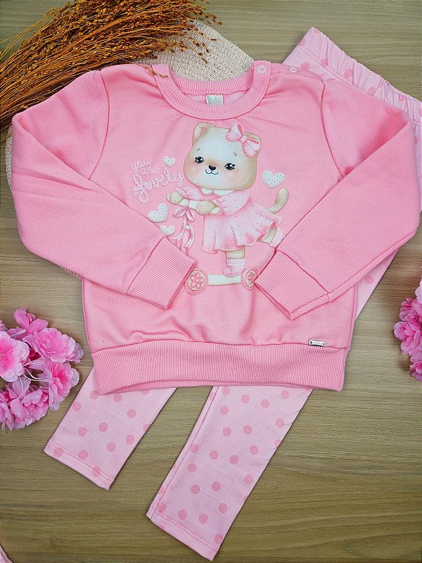 Conjunto de Blusão em Moletom com Pelúcia e Calça Legging em Termoskin Peluciado Infanti Bebê Menina