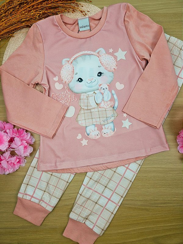 Conjunto de Pijama de Blusa em Meia Malha com Calça em Malha Comfy Infanti Infantil Menina