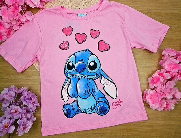 Blusa Stitch Disney 100% Algodão Rosa Fakini