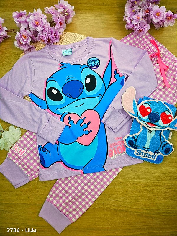 Conjunto Pijama 100% Algodão Stitch Disney (Brilha no Escuro) Lilás Fakini