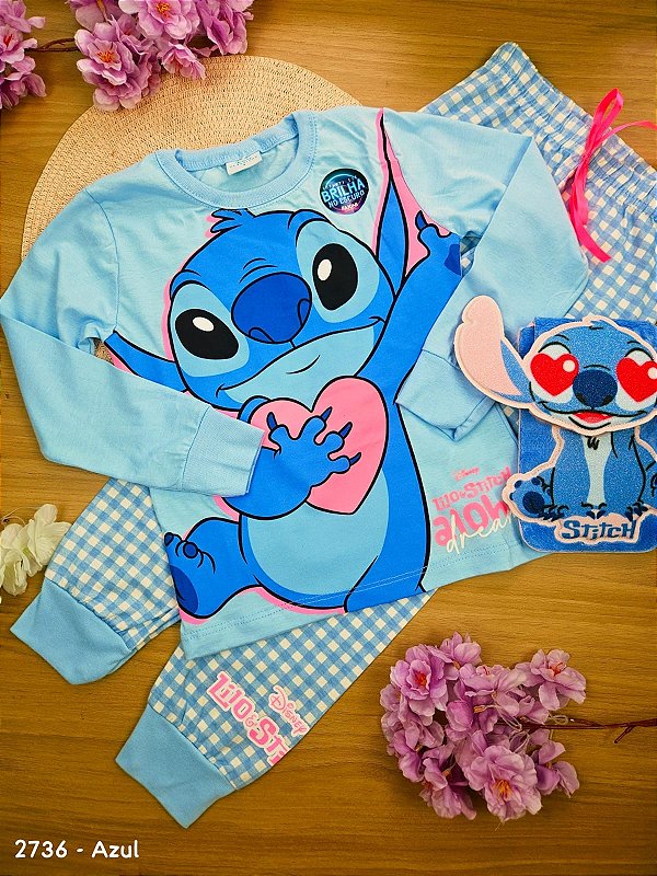 Conjunto Pijama 100% Algodão Stitch Disney (Brilha no Escuro) Azul Fakini