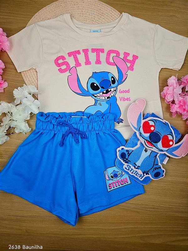 Conjunto Stitch Disney 100% Algodão Azul Fakini