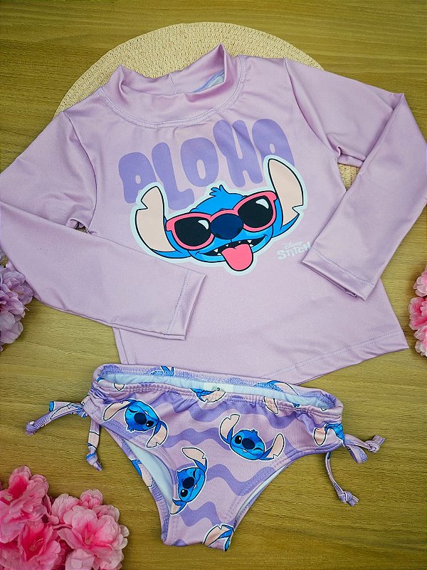 Conjunto Moda Praia Stitch Disney Com Proteção UV Lilás Fakini