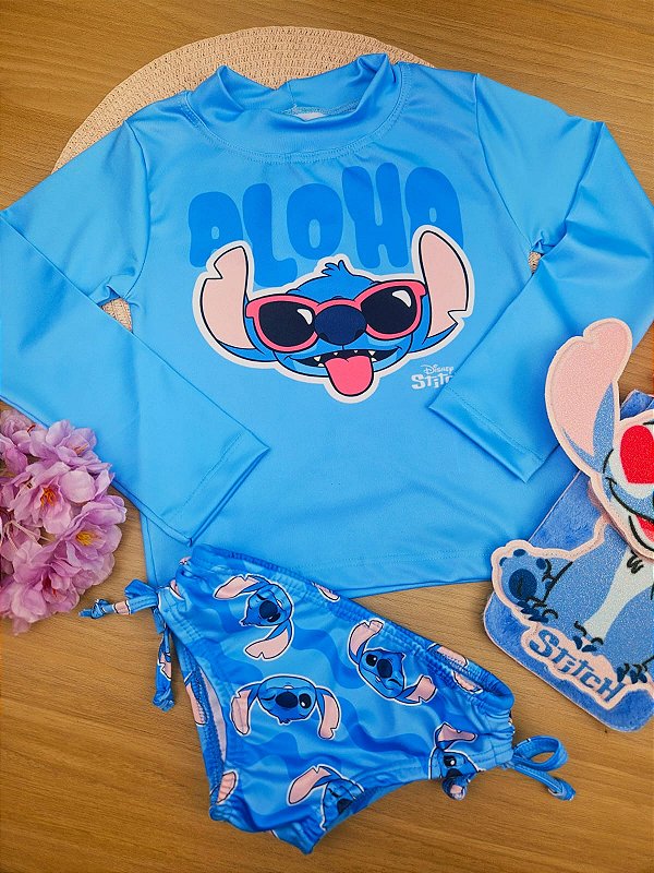 Conjunto Moda Praia Stitch Disney Com Proteção UV Azul Fakini