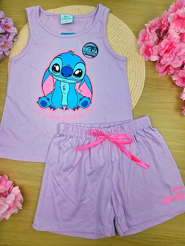 Pijama Regata Stitch 100% Algodão Disney Lilás Fakini