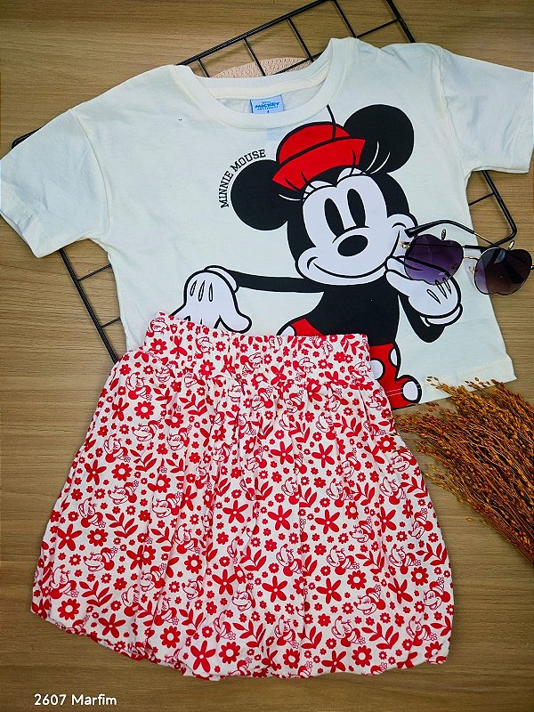 Conjunto Blusa e Saia com Shorts Embutido Minnie Disney 100% Algodão Fakini