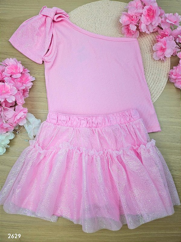 Conjunto Blusa Canelada e Saia com Shorts Embutido e Glitter Cinti