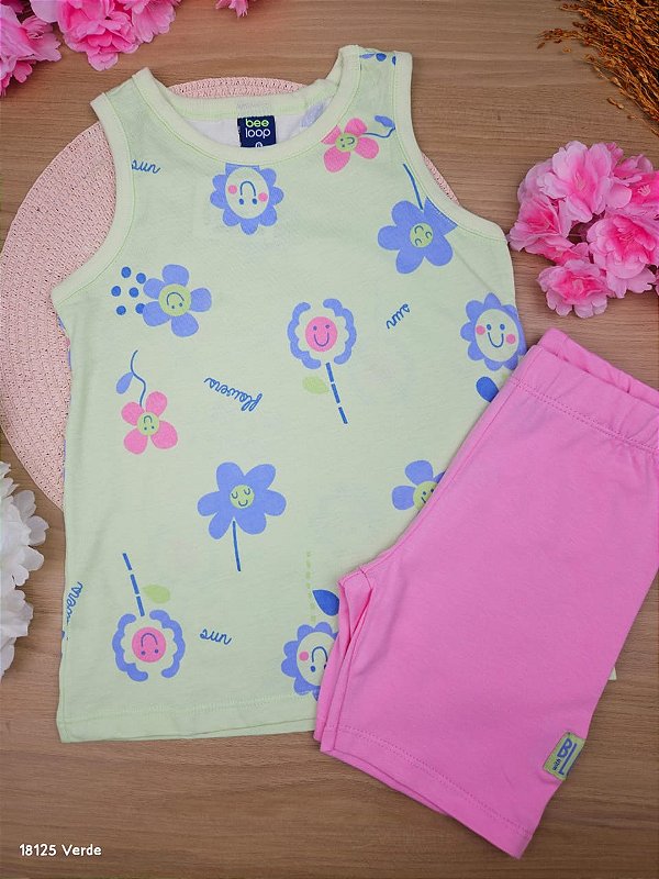 Conjunto Blusa Meia Malha e Ciclista Cotton Verde Bee Loop
