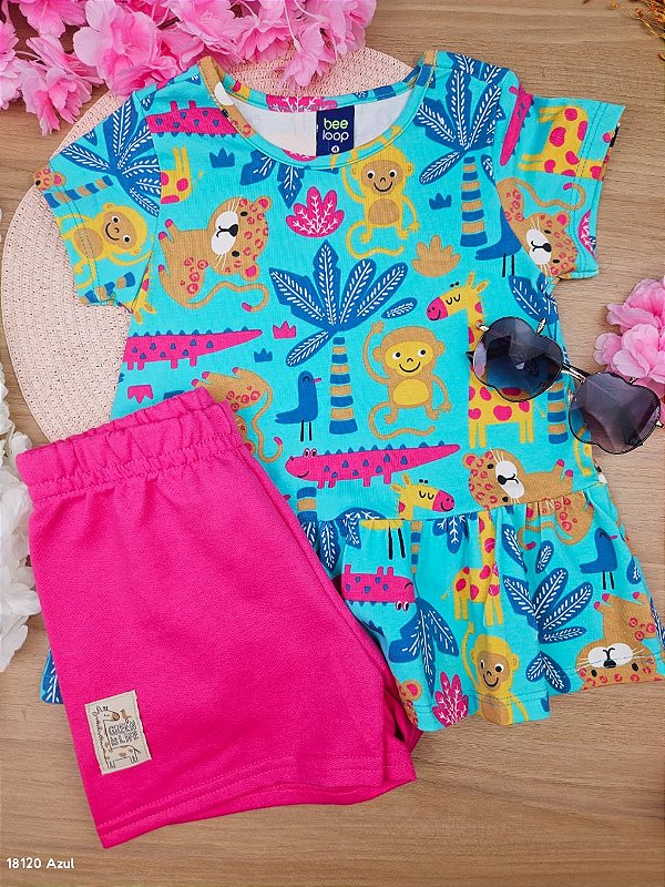 Conjunto Blusa Cotton e Short Moletom Safari Azul Bee Loop